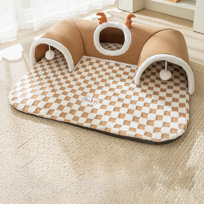 Foldable Cat Bed & Play Tunnel – Warm Plush Indoor Hideaway
