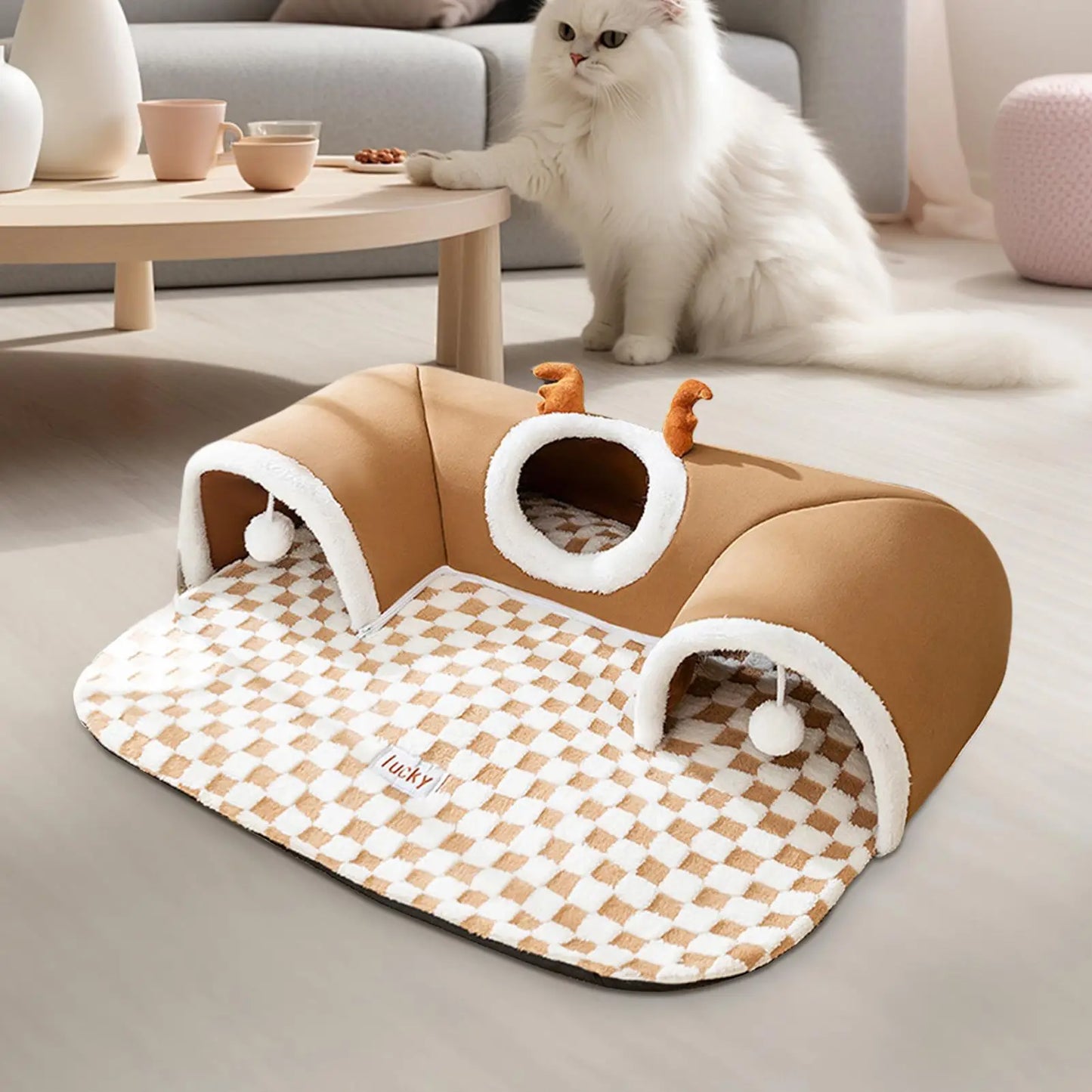Foldable Cat Bed & Play Tunnel – Warm Plush Indoor Hideaway