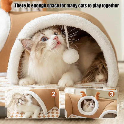 Foldable Cat Bed & Play Tunnel – Warm Plush Indoor Hideaway