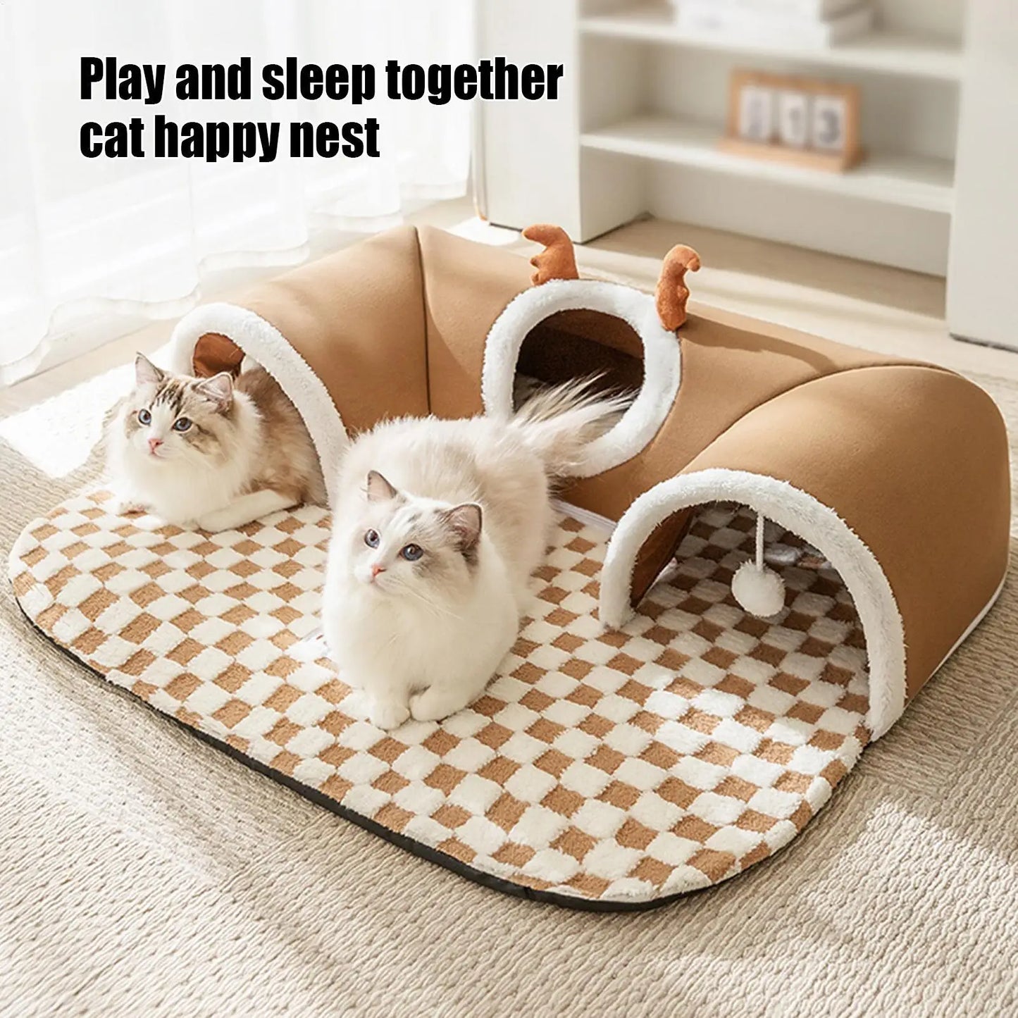 Foldable Cat Bed & Play Tunnel – Warm Plush Indoor Hideaway