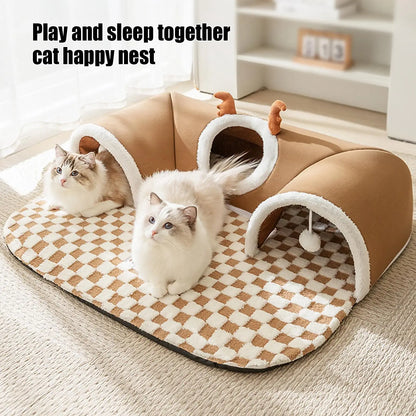 Foldable Cat Bed & Play Tunnel – Warm Plush Indoor Hideaway