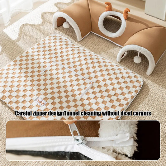 Foldable Cat Bed & Play Tunnel – Warm Plush Indoor Hideaway