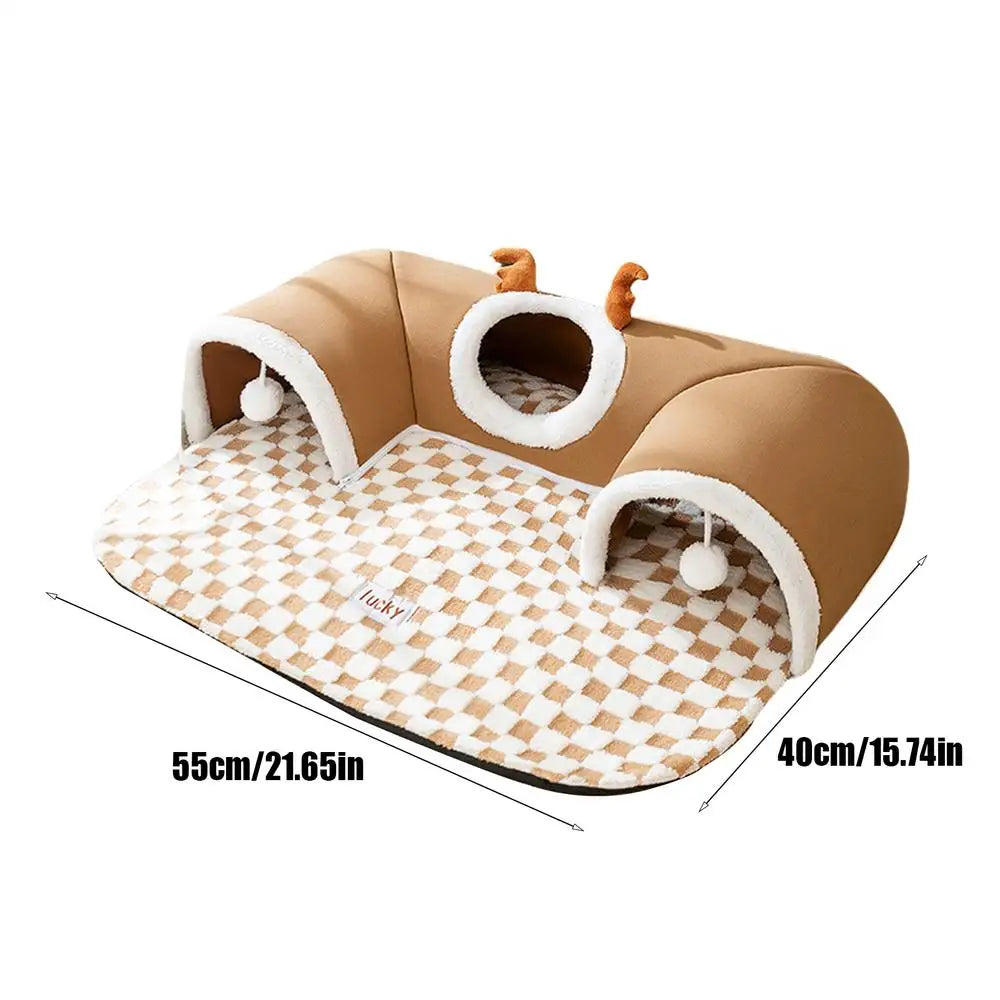 Foldable Cat Bed & Play Tunnel – Warm Plush Indoor Hideaway