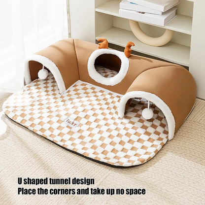 Foldable Cat Bed & Play Tunnel – Warm Plush Indoor Hideaway